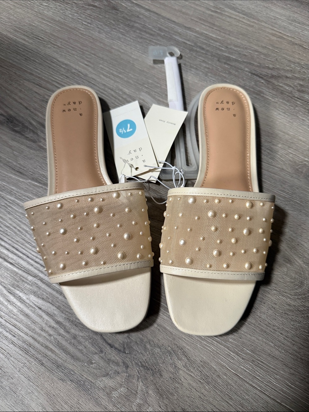 a new day Cream Pearl-Embellished Mesh Slide Sandals